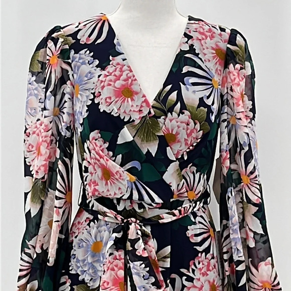 Eliza J Floral Long Sleeve High-Low Faux Wrap Dress in Navy Multi - NEW - Size 6 - Picture 3 of 9